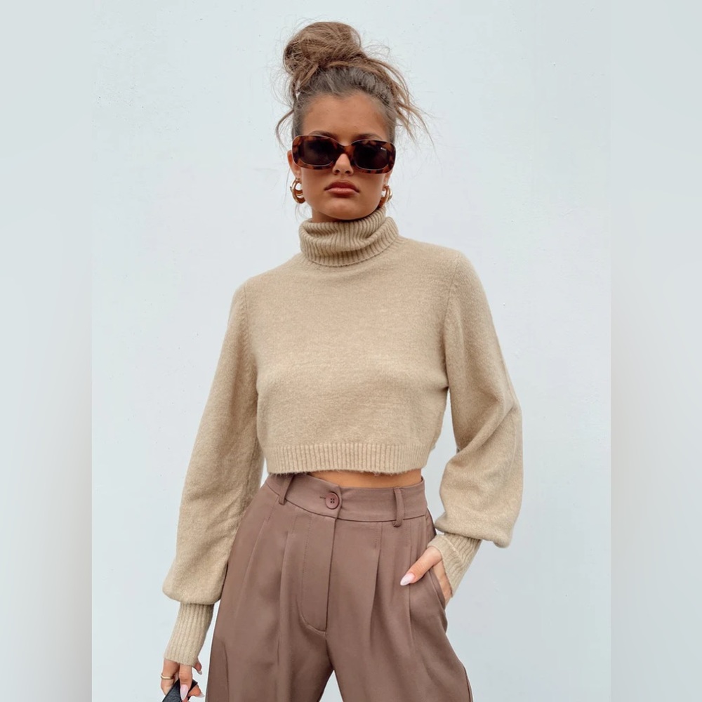 CROPPED TURTLENECK SWEATER BEIGE from Princess Polly